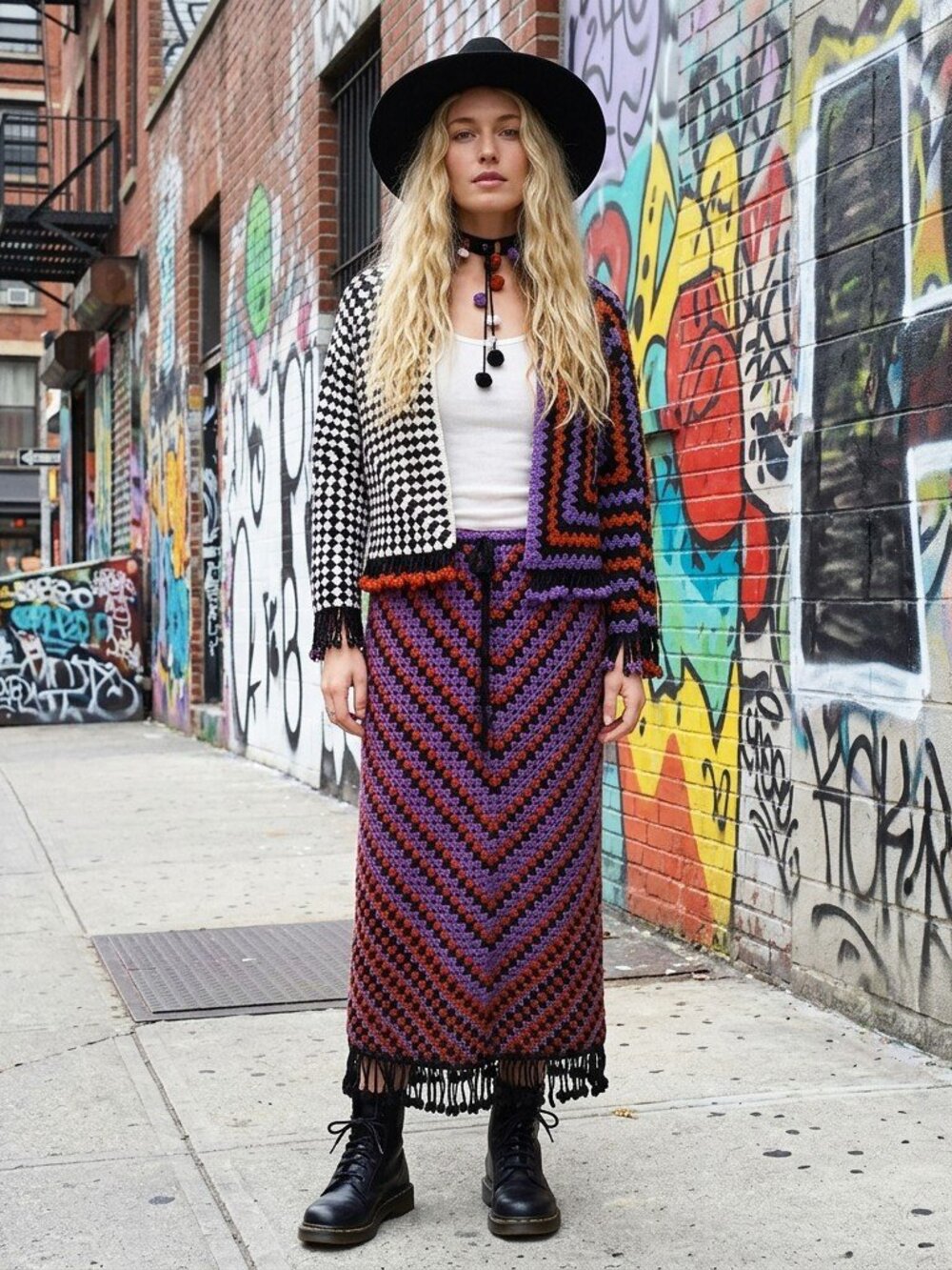 Granny Square Chevron Style Floral Fringe Skirt Red Purple Black M/L